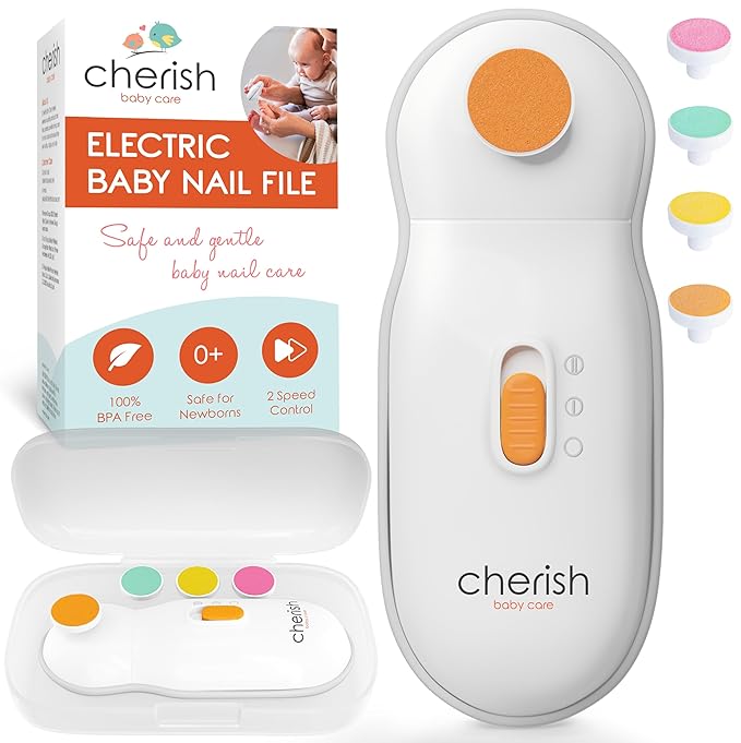 Cherish Baby Care Baby Nail Trimmer Electric - Automatic Safety Stop, BPA-Free & Safety-Tested Electric Nail File Baby, Includes 4 File Pads, 0-12+ Months