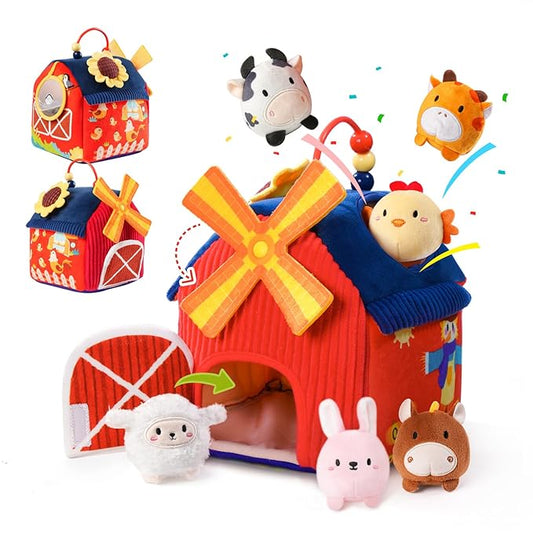 Baby Toys 6-12 Months, Montessori Sensory Toys, My First Farm House Toy with 6 Stuffed Animals,Rotating Windmill & Sunflower Crinkle, Rattle, Fun Mirror Fine Motor Skills Development,Baby Gift