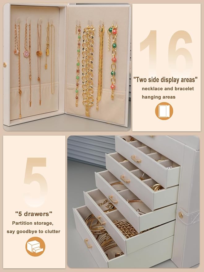 BOOVO Jewelry Box For women, 6 Layer Large Jewelry Organizer With Mirror, Multi-Function Storage Box With Lock, Necklace Holder With 5 Drawers, For Earrings Necklace Bracelet (Pearl White and Gold)