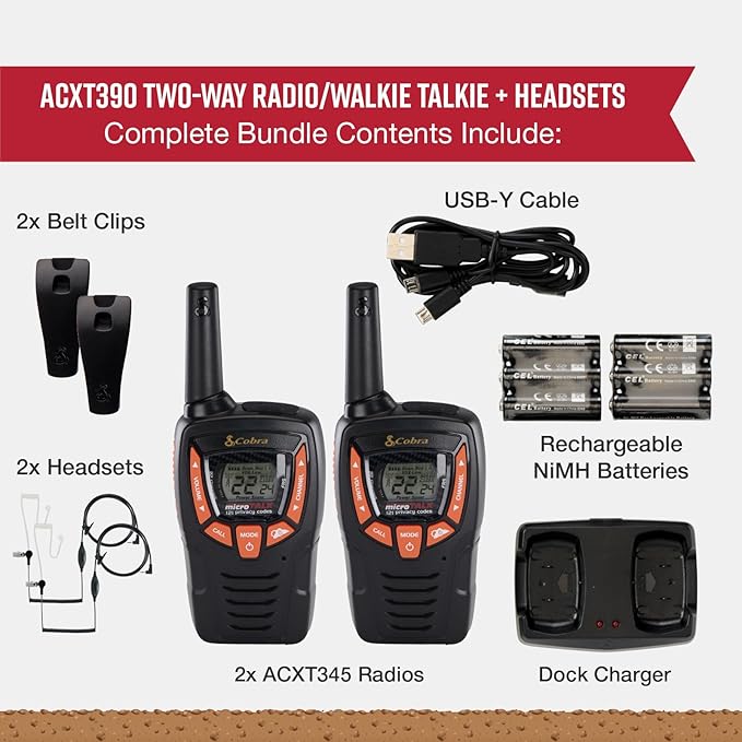 Cobra ACXT390 Walkie Talkies & Compatible Cobra Surveillance Headset - Rechargeable, 22 Channels, Long-Range, 2 Two-Way Radios, 2 Headsets, Black/Orange
