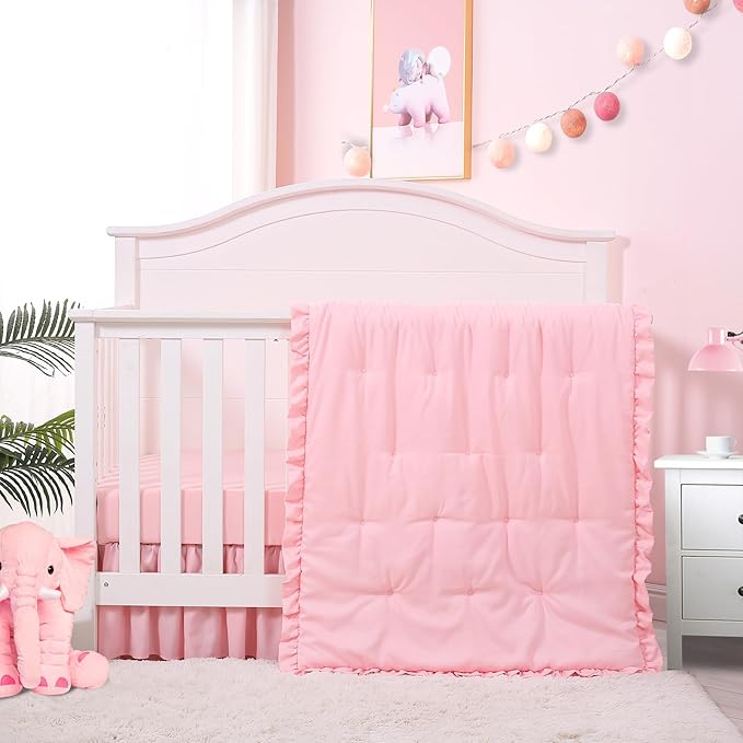 Cloele 3 Pieces Crib Bedding Set for Girls- Solid Ruffle Quilted Includes Comforter Fitted Sheet Crib Skirt,Cute Ruffled Nursery Baby Crib Standard Size Baby Bedding Set Pink
