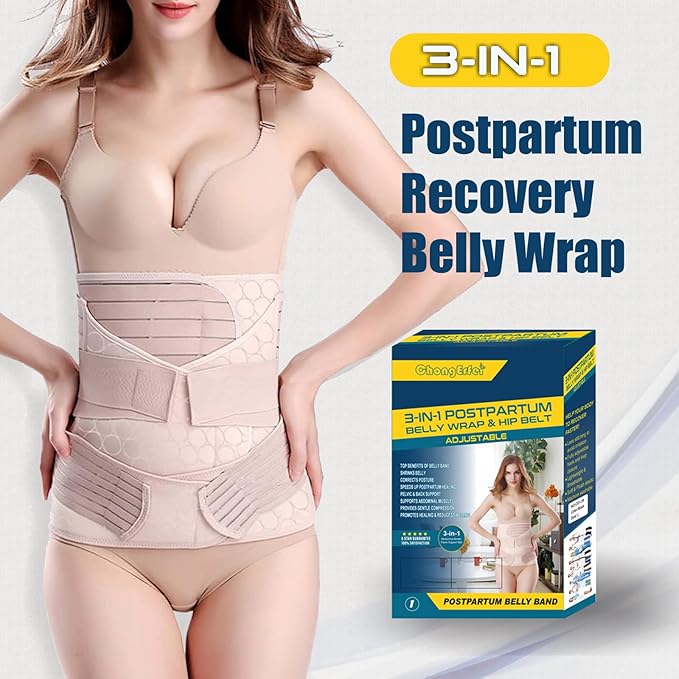 ChongErfei 3 in 1 Postpartum Support - Recovery Belly/waist/pelvis Belt Shapewear Slimming Girdle, Beige, L For Posture Correction