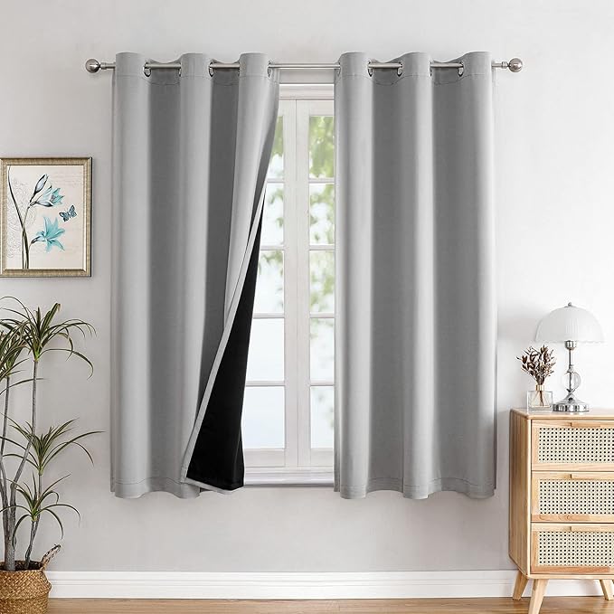 ChrisDowa 100% Blackout Curtains for Bedroom with Black Liner, 2 Thick Layers Total Blackout Thermal Insulated Grommet Window Curtains 63 Inch Length 2 Panels Set (Light Grey, 42 x 63 Inch)