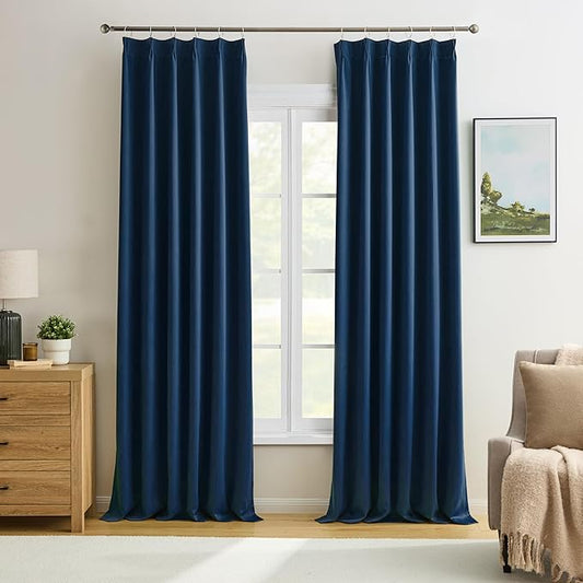 KEQIAOSUOCAI Pinch Pleated Curtains 120 Inches Long 10 FT Tall 2 Panels Set, Thermal Insulated Blackout Room Darkening Curtains for Bedroom,Window Draperies with Hooks(Navy Blue,40x120-inch)
