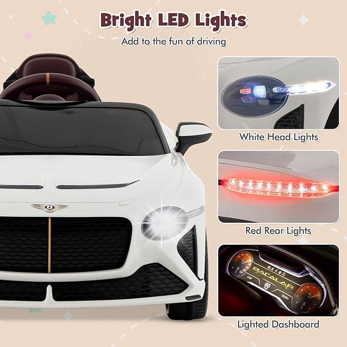 Costzon Ride on Car, 12V Licensed Bentley Bacalar Battery Powered Kids' Electric Vehicles w/Remote Control, Scissor Doors, Wireless Connection, Lights/Sound Effects, Kids Car Toys for Toddlers(White)