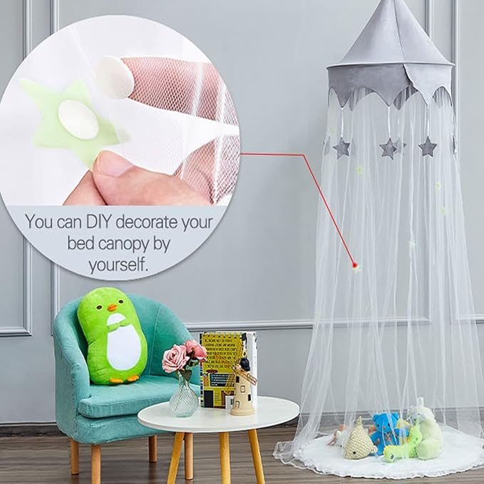 Canopy for Kids Bed with Stars, Crib Canopy with Dome, Elegant Net Hanging Fairy Girl Bed Canopy Princess Room Decoration Reading Nook Corner Curtain Fits Full Crib, Twin, Queen Play Castle Tent