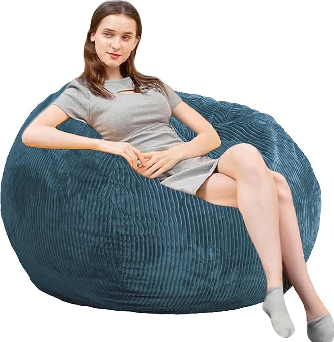 Bean Bag Chair 3Ft Luxurious Faux Rabbit Fur Memory Foam Bean Bag Chairs for Adults/Teens with Filling,Ultra Soft Faux Fur Fabric, Round Fluffy Sofa for Living Room Bedroom College Dorm (Blue)