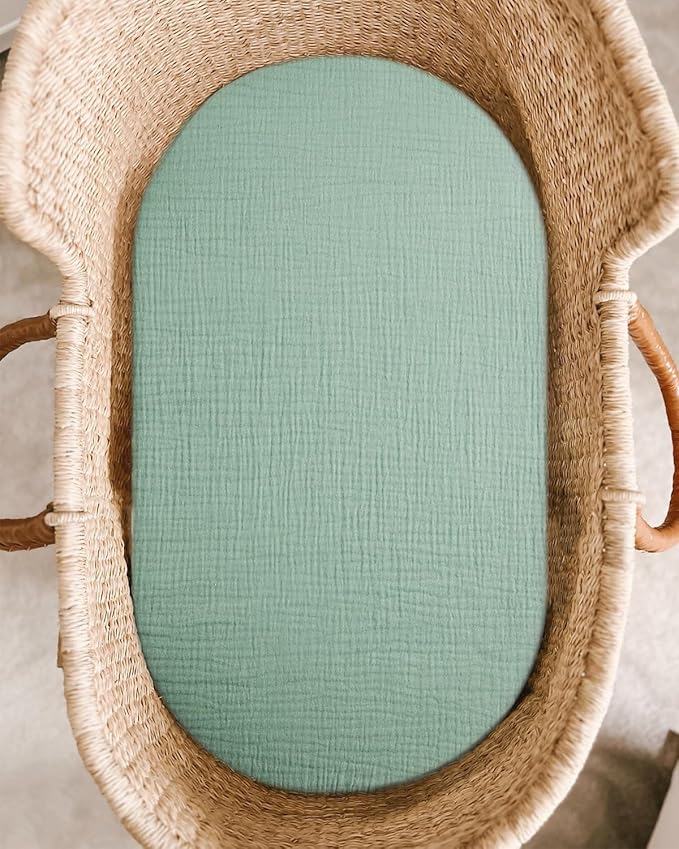 Bassinet Sheet for Baby Boy and Girl, Fitted Sheets for Rectangle, Oval, Hourglass Bassinet Mattress, Muslin Moses Basket Sheets with Neutral Style (Sage)
