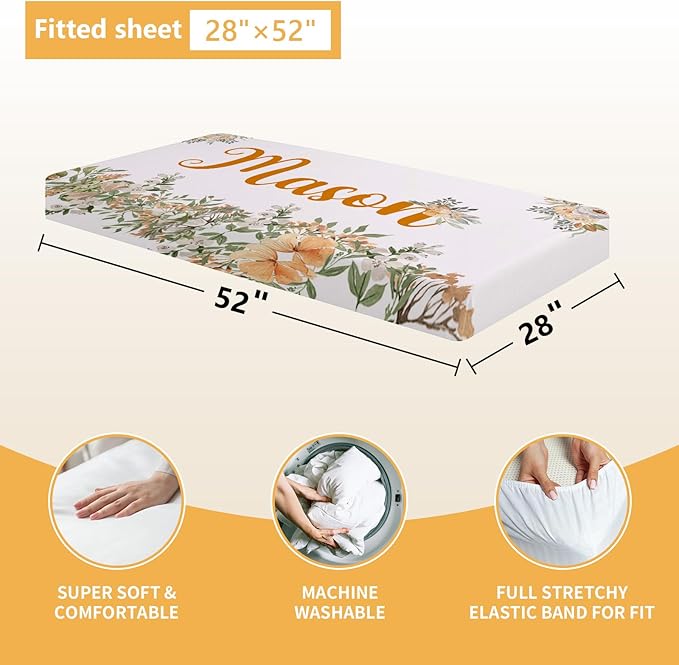 Custom Baby Crib Set - 5 Pcs Personalized Name Flowers Crib Bedding Set for Infants Toddlers - Soft Double Layer Nursery Bedding Set for Girls Boys - Customized Gifts for Baby Shower Birthday