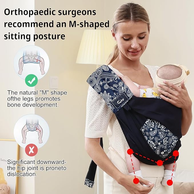 CUBY Wrap Baby Sling Carrier, Baby Wraps Sling Carrier Adjustable Breathable Lightweight Easy to Wearing - Baby Slings for Newborn Infant Toddler Front & Hip Carry Up to 40lbs (Dark Blue Floral)