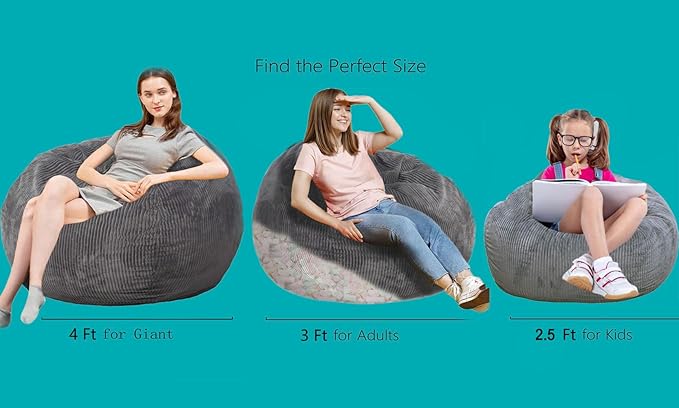 Bean Bag Chair 3Ft Luxurious Faux Rabbit Fur Memory Foam Bean Bag Chairs for Adults/Teens with Filling,Ultra Soft Faux Fur Fabric, Round Fluffy Sofa for Living Room Bedroom College Dorm (Grey)