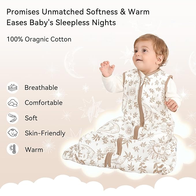 Baby Sleep Sack 0-6 Months 3 Pack 100% Cotton Lightweight 0.5 TOG Wearable Blanket Baby Sleep Bag with 2-Way Zipper for Newborn Infant Toddler Beige