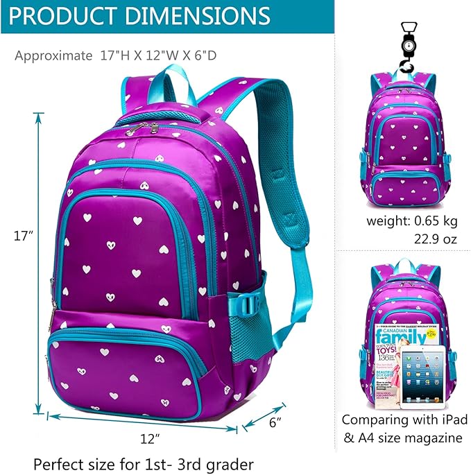 BLUEFAIRY Kids Backpack for Girls Primary Elementary School Bag Bookbag for Childs Book Bag Mochilas Escolares para Niñas de 4-6 Back to School Cute Gifts 17" Heart Print/Purple