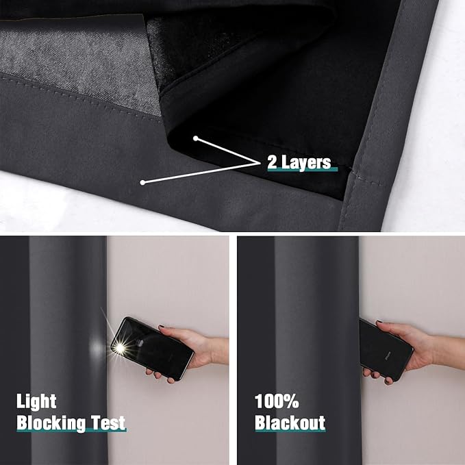 ChrisDowa 100% Blackout Curtains 90 inch Long for Bedroom with Black Liner, 2 Thick Layers Total Blackout Thermal Insulated Grommet Long Window Curtains 2 Panels Set (Dark Grey, 52 x 90 Inch)