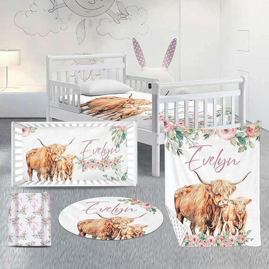 Custom Nursery Crib Bedding Set: Personalized Name 4 Piece Floral Highland Cow Design Baby Crib Sets for Girls - Toddler Double Layer Blanket Set, Comfortable Crib Bed Sheets for Baby Toddlers