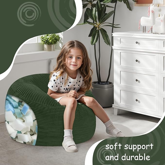 COMAX Kids Bean Bag Chair Turn into Beanbag Bed, Toddler Bean Chair Corduroy for Girl Boy Sleeping, Lazy Children Bean Bags with Filler, Convertible Child Floor Mattress, Dark Green