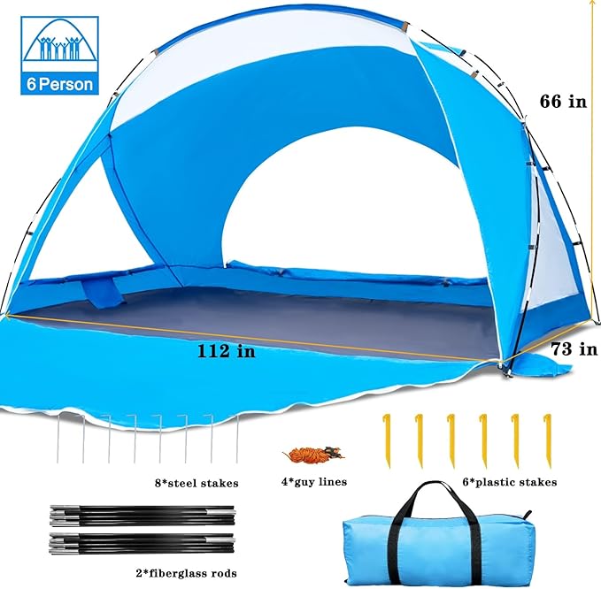 Beach Tent, Portable Sun Shelter for 2/3/4/6-8 Person with UPF 50+ UV Protection, Easy Setup Waterproof Beach Shade Canopy Cabana for Family Outdoor and Picnics, Fishing with Carrying Bag