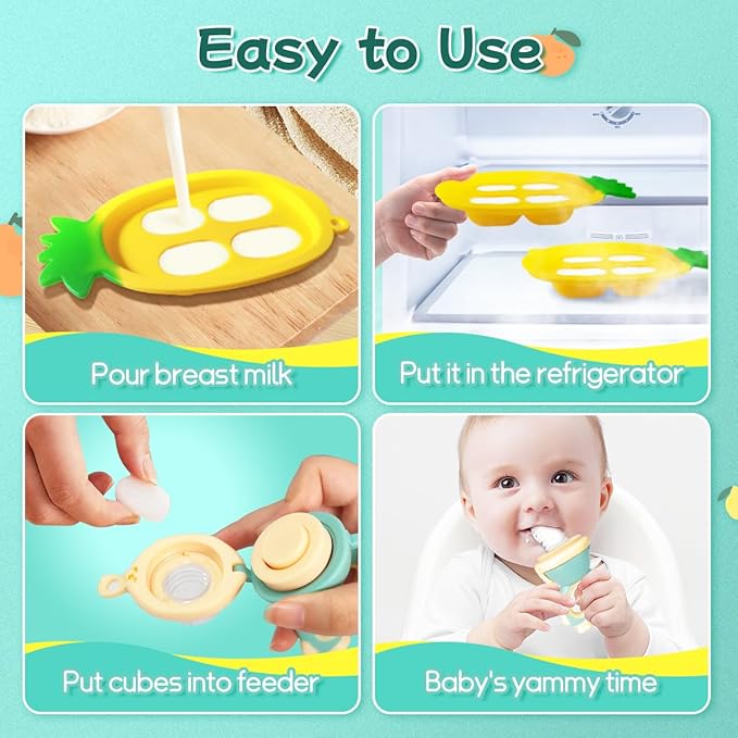 Baby Fruit Food Feeder - Silicone Nibble Tray Combo - Breastmilk Popsicle Mold for Cooling Relief, BPA Free Mesh Feeder for Infant Self Feeding (Robot Green + Pineapple)