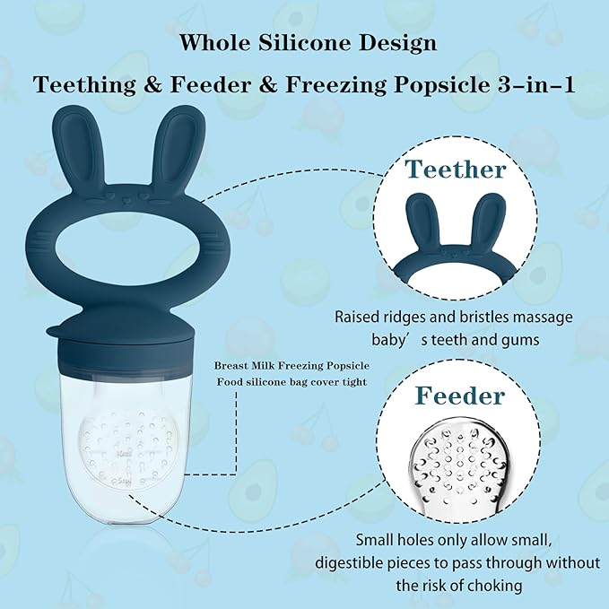 Baby Solids/Frozen Fruit Feeder Pacifier, Infant Teether Toy 4M+, BPA-Free Silicone Pouch & Nipple, Safely Introduce Solids, Teething Relief, 2-Pack - Blue/Green (Rabbit)