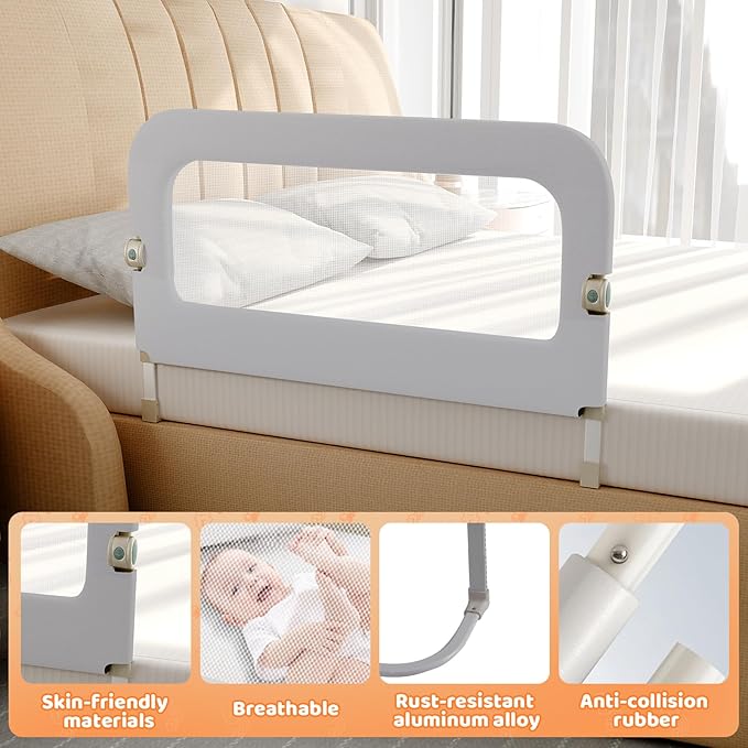 Bed Guard Rail for Toddlers - 47inch Foldable & Adjustable Height Baby Bed Safety Side Rails - Large Toddler Crib Railing Guard for Twin, Bunk, Full Size, Queen & King, Full Size Bed Grey