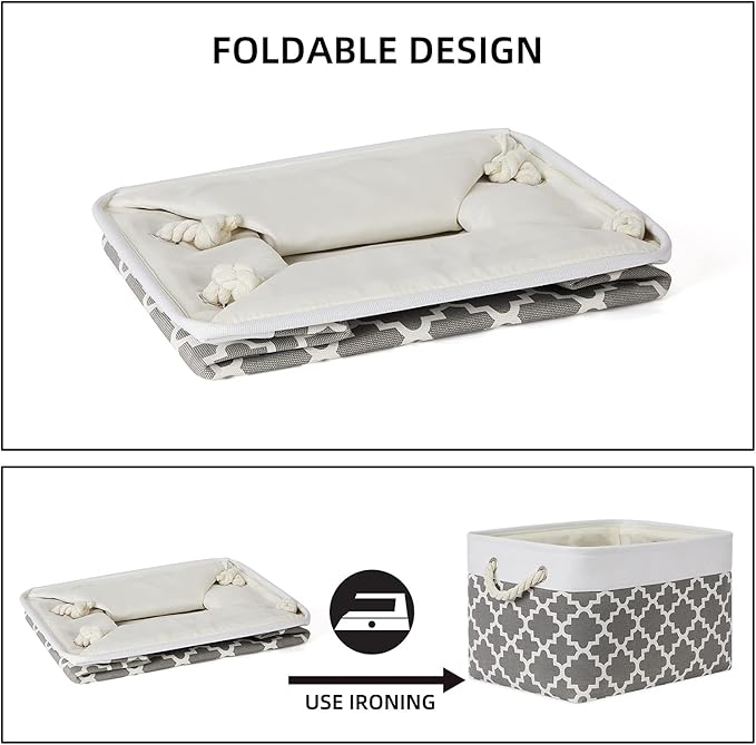 Bidtakay Basket Storage Bins Baskets for Organizing Set of 3 Collapsible Cloth Storage Linen Closet Organizer 15 X 11 X 9.5 Inches Large Foldable Baskets for Shelves (White&Quatrefoil Grey)