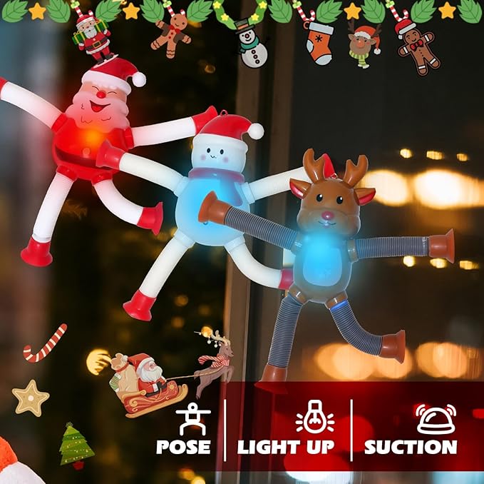 Christmas LED Pop Tubes Light Up 4 Pcs Sensory Fidget Toys, Telescopic Suction Cup Santa Toys Autism Christmas Party Favors Game Prizes Goody Bags Stocking Stuffers Treats for Kids 3+ (Christmas)