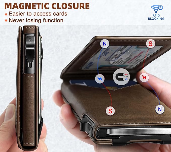 BULLIANT Men Wallet,Money Clip Wallet Slim For Gift Men 9Cards-Metal Credit Card Case in Magnetic Leather Flip