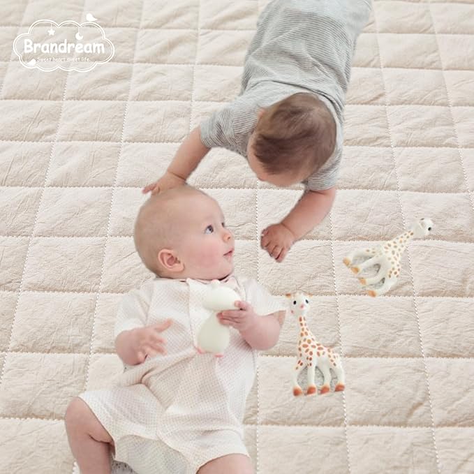 Brandream Baby Crib Bedding Sets for Girls Boys Gender Neutral Boho Bohemian Farmhouse Chic Classic Quilted Plaid 6-Piece Nursery Bedding Set - 100% Washed Cotton Beige