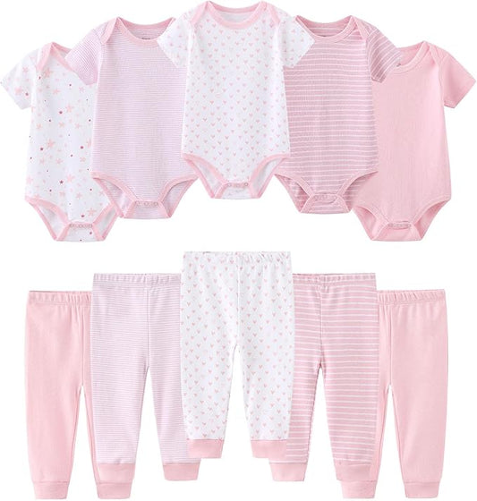 Baby Bodysuit and Pant Set 10-pcs Cotton Soft Newborn Boy Girl Clothes Outfits