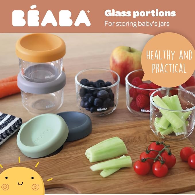 Beaba 5 oz Glass Baby Food Jars with Soft Silicone Air Tight Lids, Glass Storage Containers with Lids, Microwave and Freezer Safe Containers, Terracotta