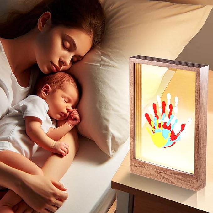 CHERRY CHEERS Family Handprint Kit with Light, Handprint Keepsake Frame, Wooden Led Light, Easy Install, No Need Screw etc, Non-Toxic Paints (Brown)