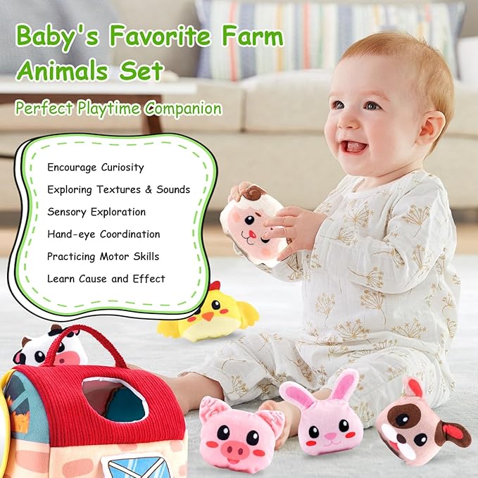 Baby Toys 6-12 Months, Soft Barn Toy with 6 Stuffed Farm Animals, Rattle, Crinkle, Mirror, Sensory Toys for Toddlers 1-3, 6 7 8 9 10 Month Old Baby Toys, Montessori Toys Gift for 1 Year Old Boy Girl