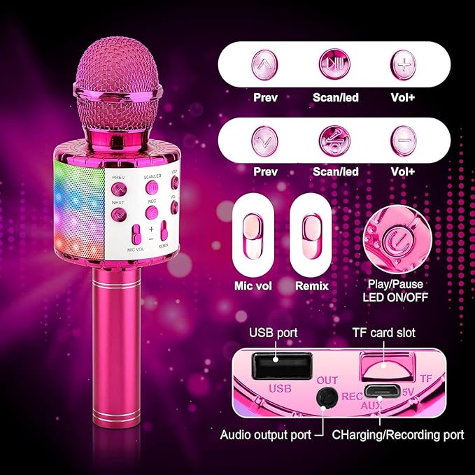 BlueFire 4 in 1 Karaoke Wireless Microphone with LED Lights, Portable Microphone for Kids, Great Gifts Toys for Kids, Girls, Boys and Adults (Purple)