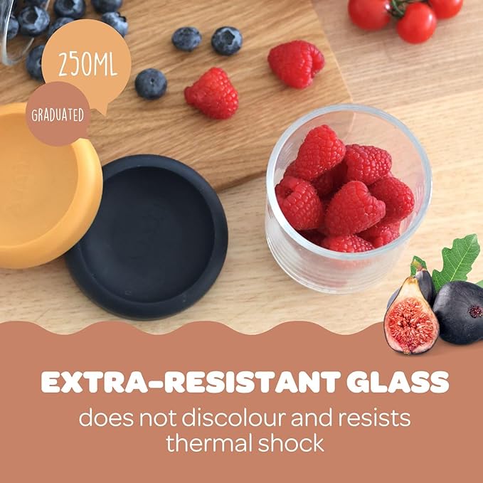 BEABA 2 Pack Glass Baby Food Jars with Soft Silicone Air Tight Lids, 8 oz Glass Storage Containers with Lids, Microwave and Freezer Safe Containers, Midnight