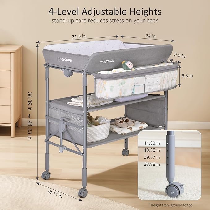 Baby Changing Table with Wheels, Maydolly Portable Foldable Changing Table, Waterproof Diaper Changing Station, Adjustable Height Changing Station, Mobile Nursery for Newborn and Infant (Grey)
