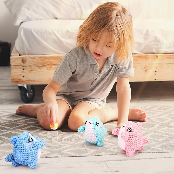 Crochet Kit for Beginners -3 PCS Sharks with a Ball Crochet Kit with Step-by-Step Video Tutorials, Beginner Crochet Kits for Adults Kids, Crochet Animal Kit, Shark Beach Party Crocheting Set