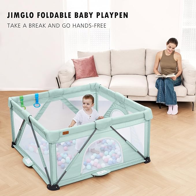 Baby Playpen Foldable, Playard for Babies and Toddlers, Portable Playpen Activity Center with 50 Balls+2 Handles for Travel, Indoor & Outdoor Play Pen with Mesh 50''x50''