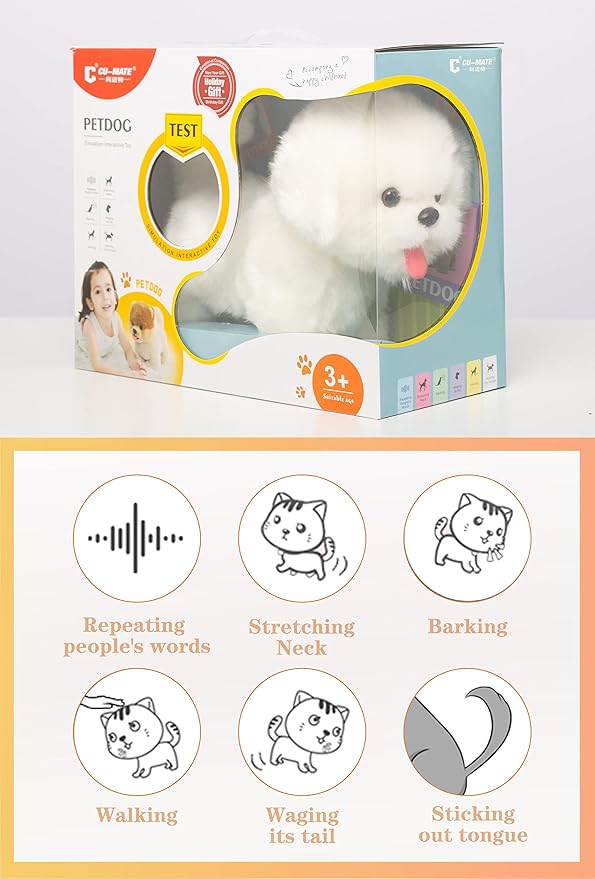 CU-MATE Interactive Maltese Simulation Dog-Realistic Puppy Electronic Toy Dog with Walking/Barking/Wagging Tail/Talking- Robotic Pet Toy Present Gift for Toddler Girls Boys