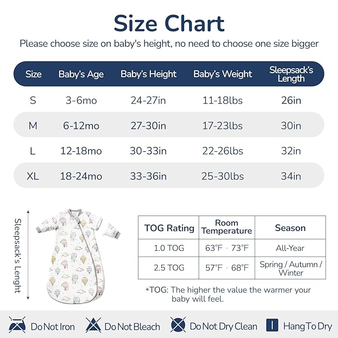 Baby Sleep Sack 3-6 Months, Cotton Detachable Long Sleeve Sleep Sack, 2.5 Tog Toddler Sleeping Sack with Temperature Strips, 2-Way Zipper Wearable Blankets for Newborns, Hot Air Balloon
