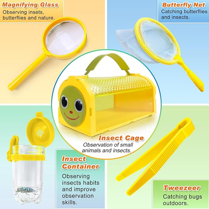Bug Catcher Kit & Outdoor Explorer Kit for Kids, 10 Pcs Bug Catching Kit with Toy Cage, Backpack, Flashlight, Manifying Glass, Toy Net, Outdoor Exploration Toys Gift for Boys Girls 3-12