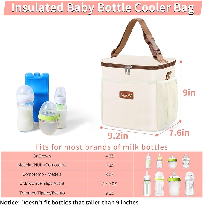 Breastmilk Cooler Bag with Ice Pack - Breast Milk Cooler Travel Bag Fits 6 Bottles Up to 11 Oz Insulated Baby Bottle Cooler Bag Breastmilk Storage Bag Cooler Perfect for Nursing Mom Daycare, Beige