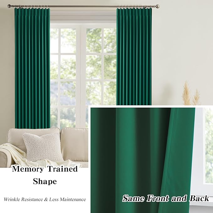 KEQIAOSUOCAI Hunter Green Blackout Curtains with Pinch Pleat, Dark Emarald Green Room Darkening Curtain 84 Inches Long, Thermal Insulated Window Treatment with Hooks 40x84-2PCs