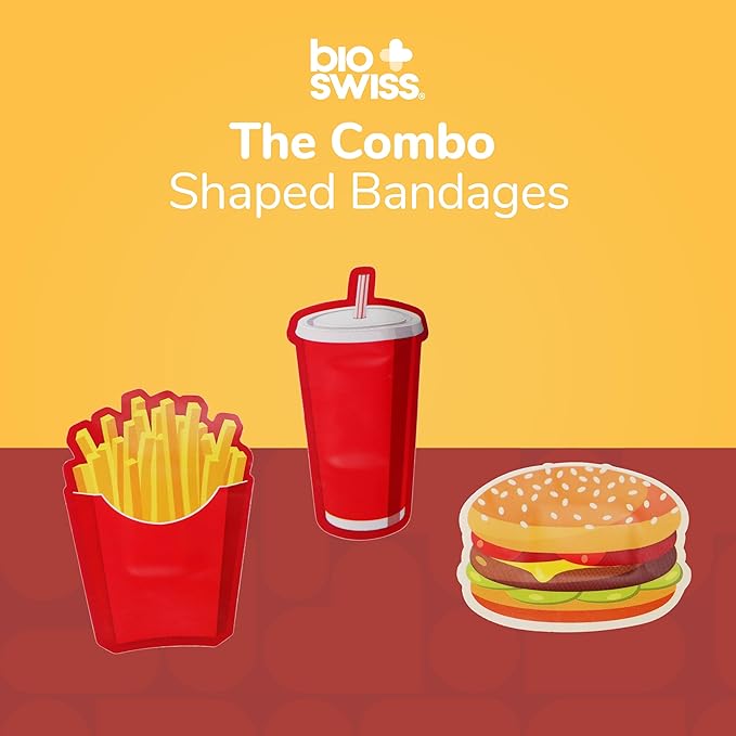 BioSwiss Bandages, Combo Meal Shaped Self Adhesive Bandage, Latex Free Sterile Wound Care, Fun First Aid Kit Supplies for Kids, 50 Count