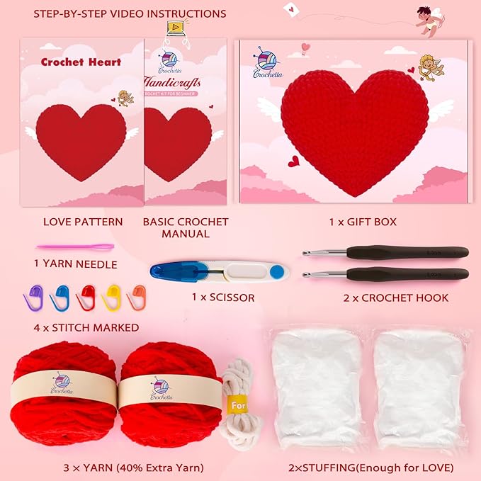 Crochetta Crochet Kit for Beginners, Crochet Kit w Step-by-Step Video Tutorials, Crochet Starter Kit Learn to Crochet Kits for Adults Kids Beginners, Heart Crochet Kit