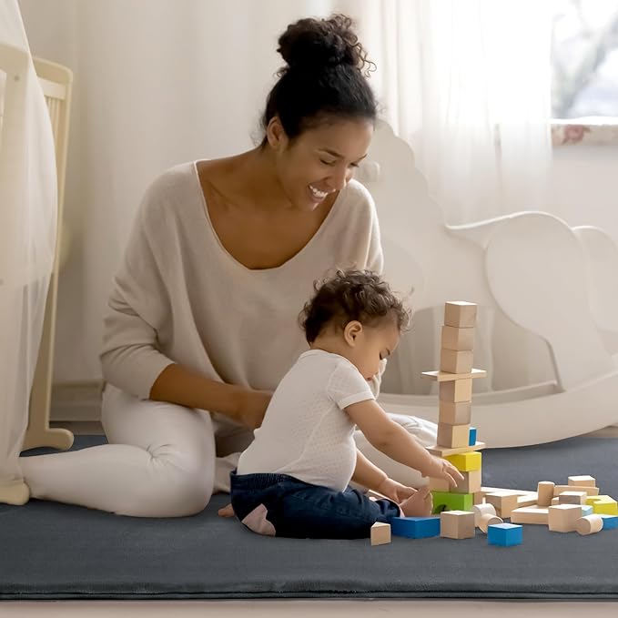 BALAPET Thick Memory Foam 47x47 Play Mat for Playpen, Super Soft Velvet Portable Baby Playpen Mat for Kids Toddler Crawling and Play, Non-Slip Bottom Playmat, Dark Grey