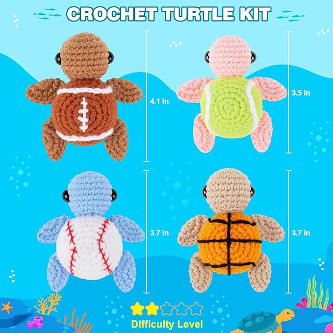 Crochet Kit for Beginners -4 PCS Turtle Crochet Kit with Step-by-Step Video Tutorials, Beginner Crochet Kits for Adults, Animal Crochet Turtle Ball Games Set