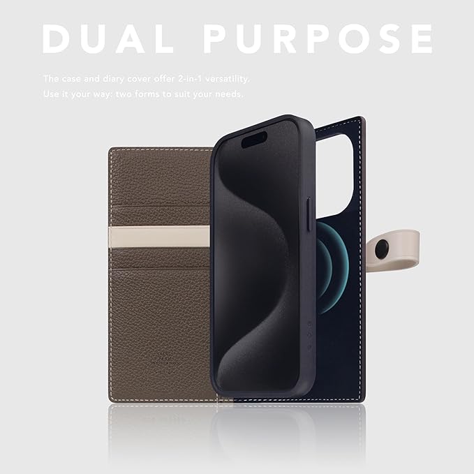 D8 Edition Full Grain Leather Wallet Case for iPhone 15 Pro - [2-in-1] Handcrafted Detachable Diary Style with Magnetic MagSafe Back Cover and Snap Closure, Gift Box Included (Etoffe Cream)