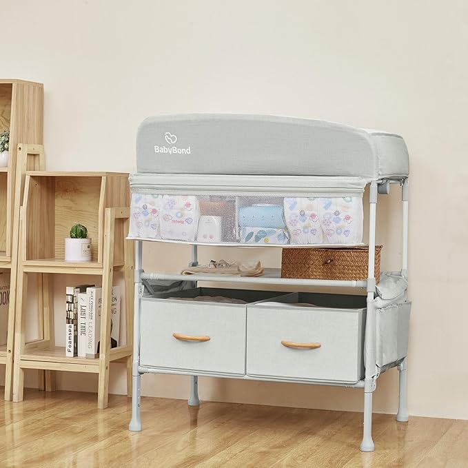 BabyBond Portable Baby Changing Table with 2 Storage Baskets, Foldable Changing Table Dresser Waterproof Diaper Changing Table Height Adjustable Changing Station for Infant and Newborn(Beige)