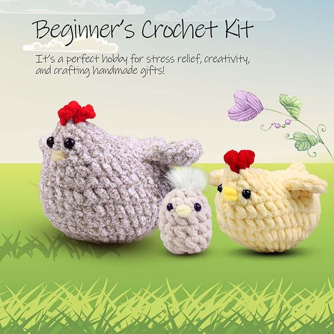Crochet Kit for Beginners,Chicken Crochet Starter Kit with Step-by-Step Video Tutorials,Crochet Animal Kits for Adults Kids,Chicken Crocheting Set Complete Included