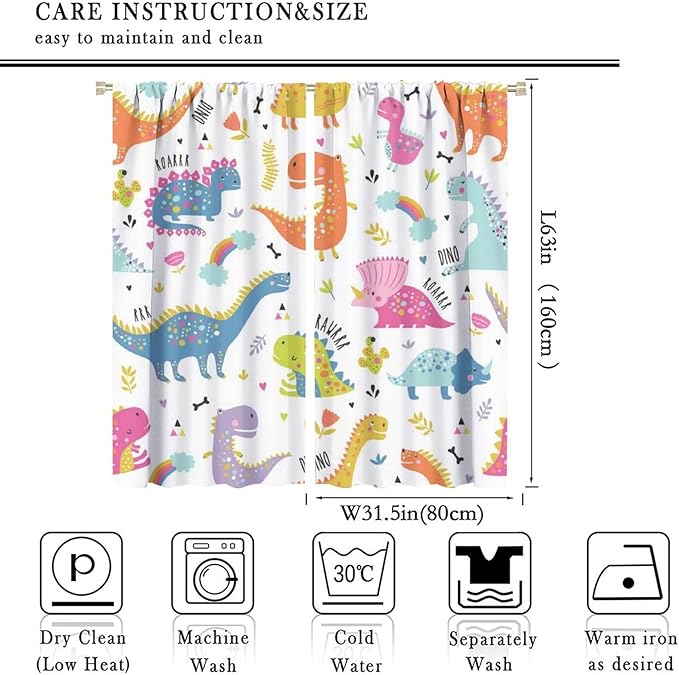 Cartoon Dinosaur Curtains for Kids Boys Girls Home Decor Childish Cute Dino Animals Print Pattern Rod Pocket Blackout Window Drapes for Nursery Baby Bedroom Playroom W31.5xL63in 2 Panels